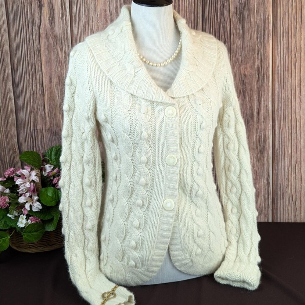 Vintage 80s Womens Popcorn Knit Cowl Neck Cardigan Angora & Lambs Wool Sweater